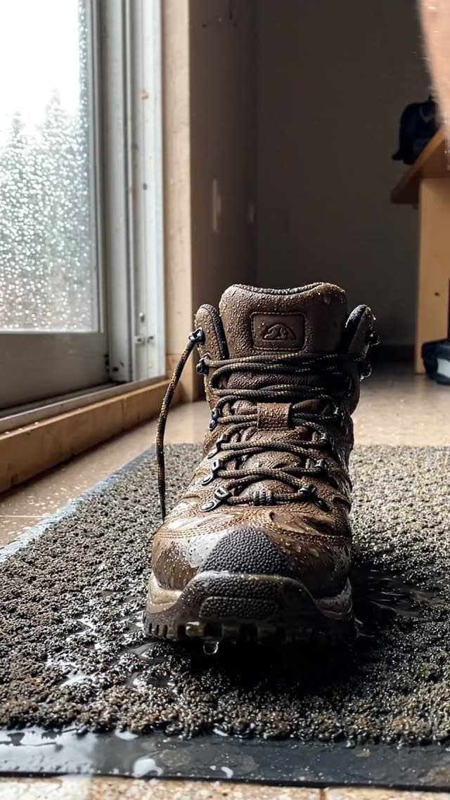 smartphone video, UGC style, handheld with slight natural shake. Close-up of soaking wet hiking boot