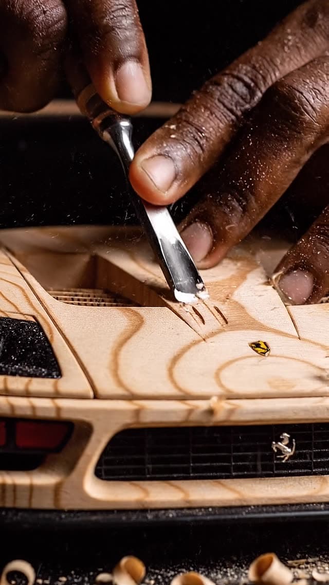 A cinematic ASMR crafting montage transitioning a hyper-realistic scale model of the subject into th