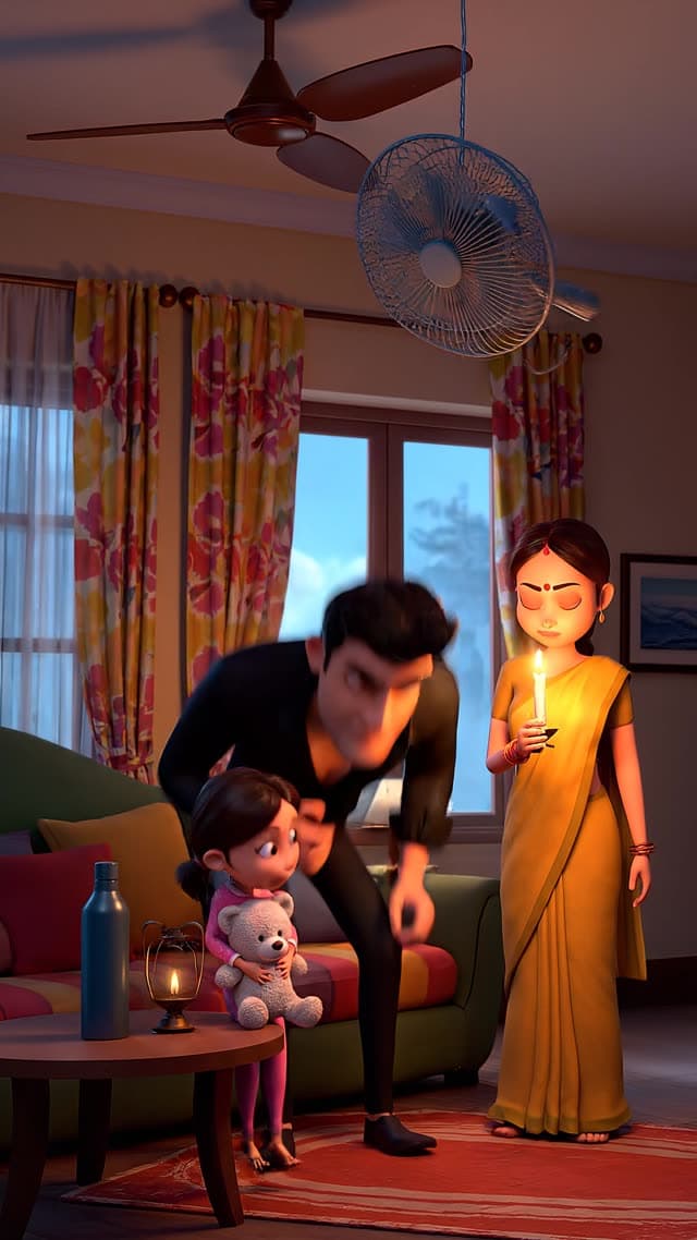 Animate a 9:16 vertical 10-second premium Pixar-like stylized 3D Indian family comedy reel set in a 