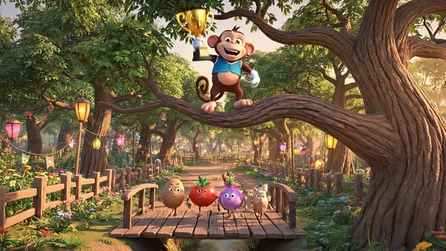 A cinematic 3D Pixar-style animated movie scene continuing immediately after the chase through the v